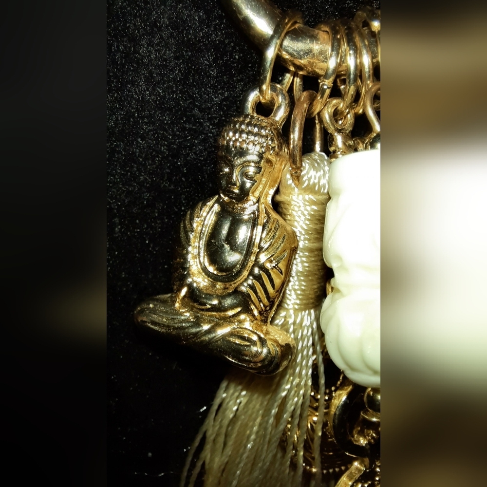 Buddha multi charm pendant gemstone bead goldtone necklace tassel Tribal - Picture 6 of 16